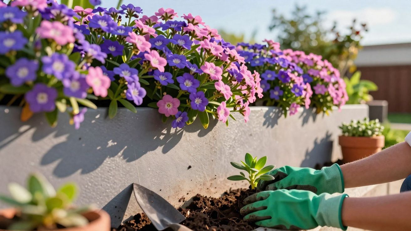 Pessoa com luvas verdes plantando suculenta em vaso com flores roxas e rosas ao fundo em jardim ensolarado.