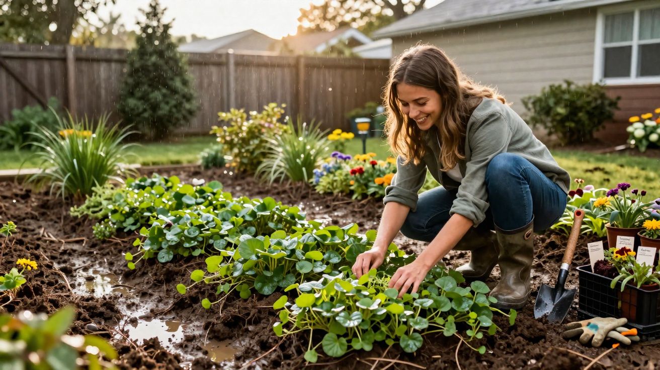 Mulher sorridente cuidando de plantas em canteiro de jardim ao entardecer.