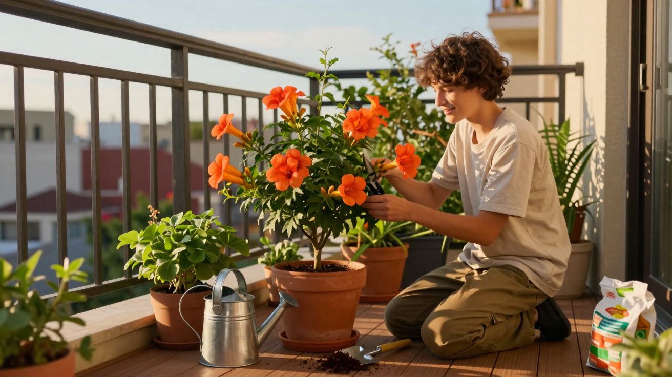 Jovem cuidando de plantas floridas em vaso na varanda ensolarada de um apartamento.