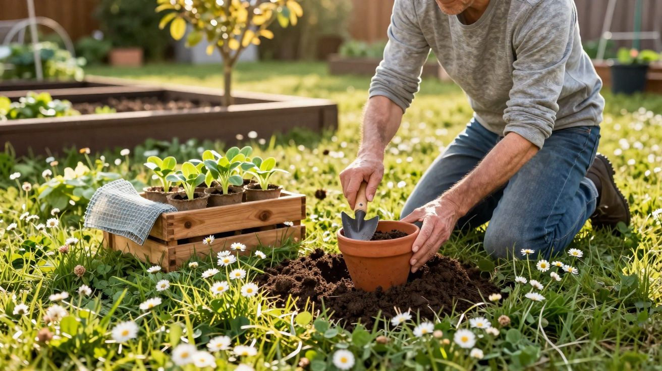 Pessoa plantando mudas em vaso de barro em jardim com flores e caixa de mudas ao lado.