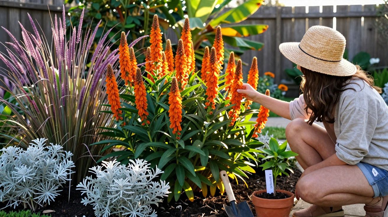 Mulher com chapéu cuidando de flores laranja em jardim ensolarado com diversas plantas ao redor.