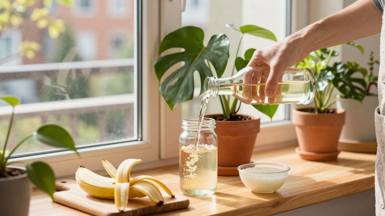 Mão despejando líquido transparente em copo de vidro ao lado de banana descascada e plantas em bancada iluminada.