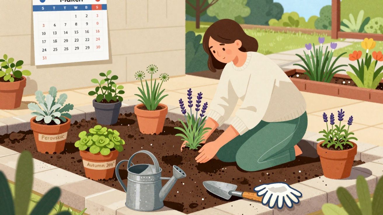 Mulher plantando flores em canteiro de jardim, com ferramentas e regador ao lado, em ambiente externo.