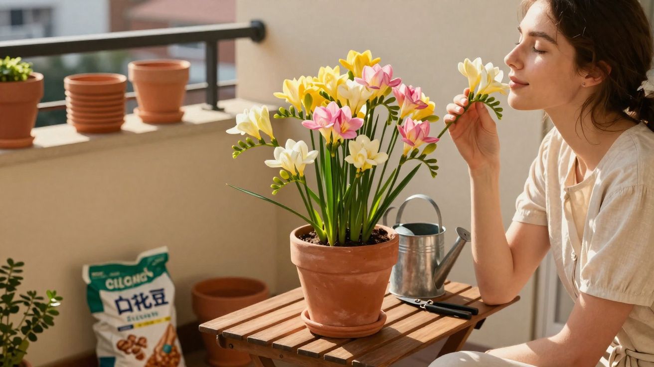 Mulher sentada em varanda cheirando flores cor-de-rosa e amarelas em vaso sobre mesa de madeira.