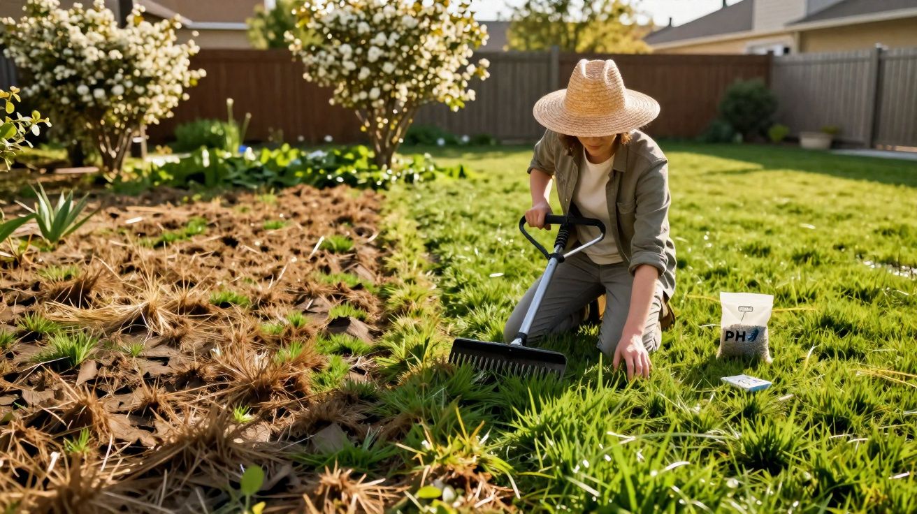 Pessoa com chapéu usando ancinho para cuidar do jardim em área gramada com plantas e flores.
