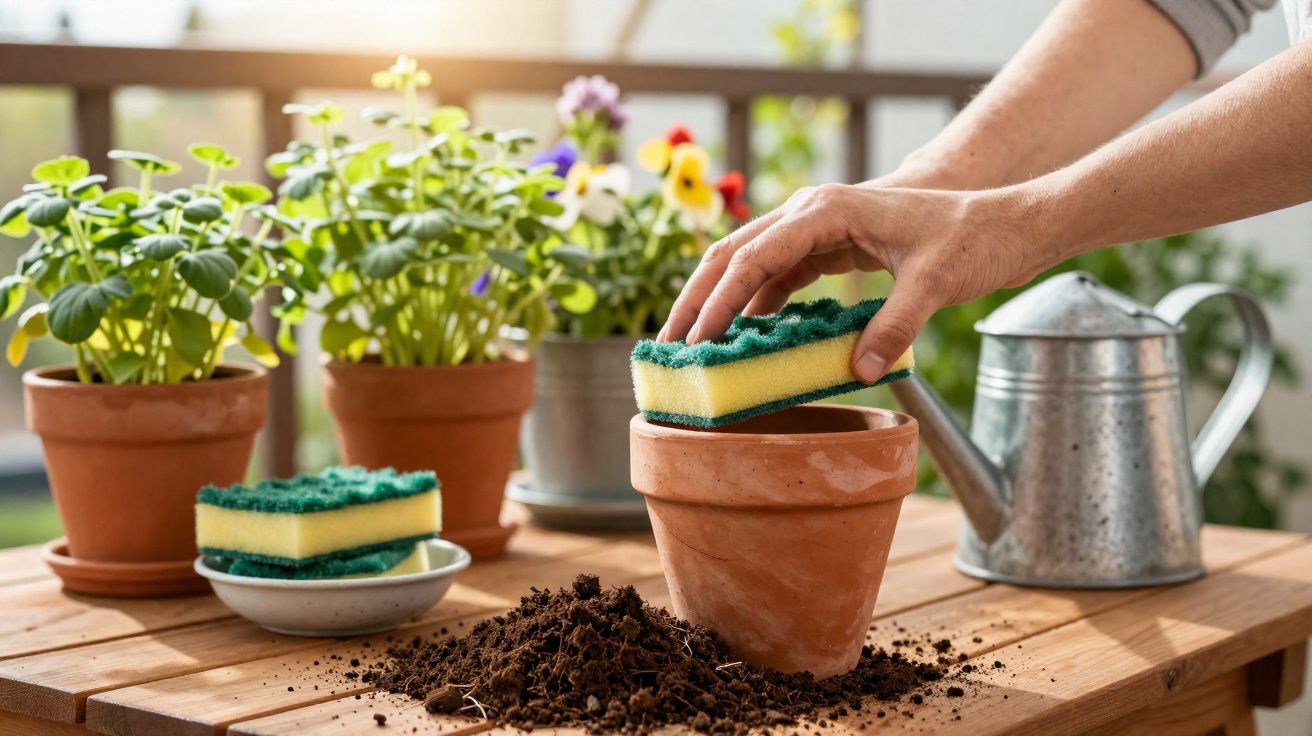 Mão limpa vaso de barro com esponja ao lado de plantas e regador em mesa de madeira.