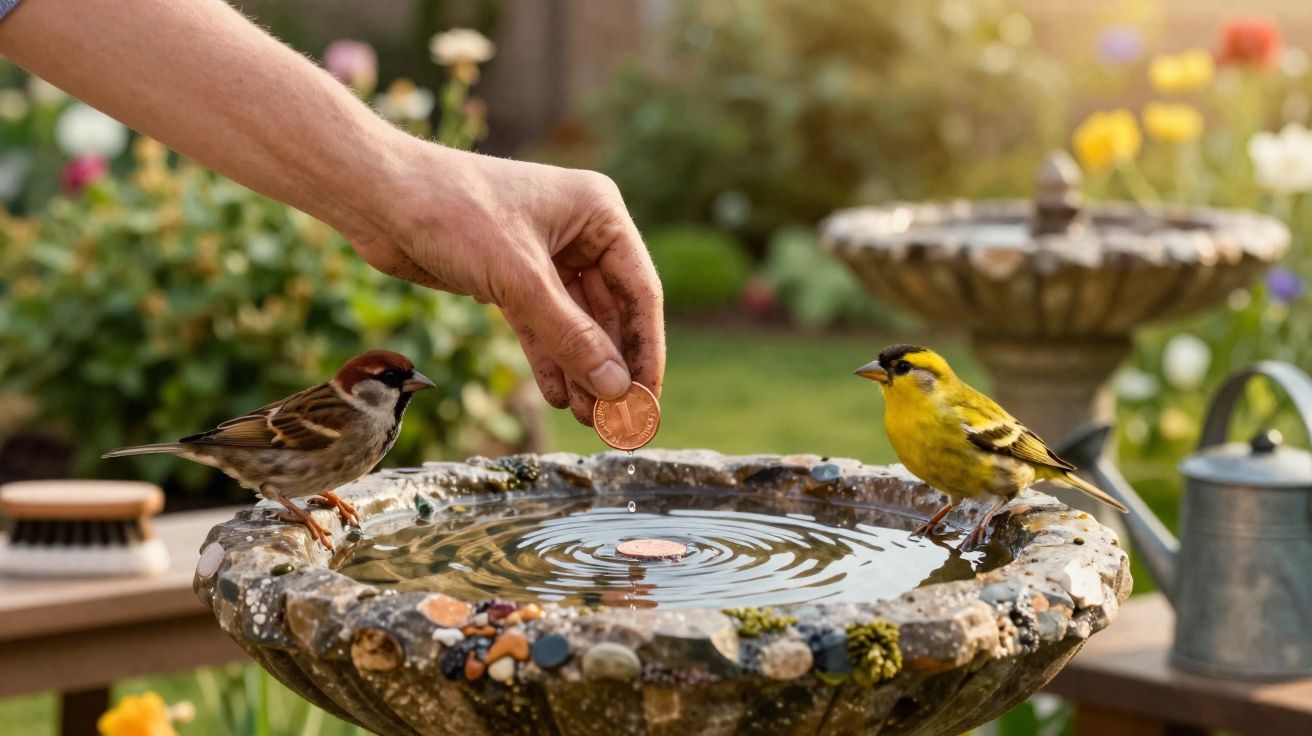 Mão deixando moeda cair em fonte, com pardal marrom e pássaro amarelo sobre sua borda em jardim.