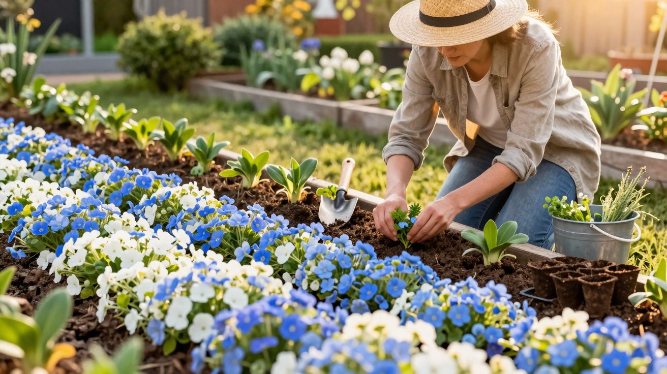 Mulher com chapéu plantando flores brancas e azuis em canteiro em jardim com luz do sol.