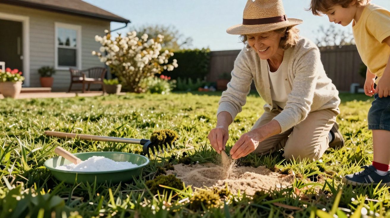 Mulher idosa e criança cuidando do jardim, com ferramentas e adubo sobre a grama ao sol.
