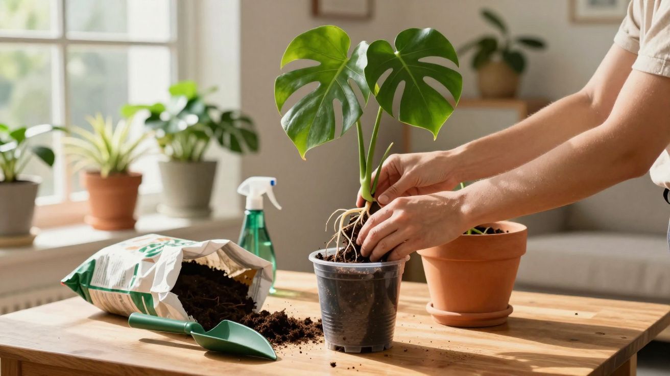 Pessoa transplantando muda de planta para vaso maior sobre mesa com terra e regador ao lado, em ambiente interno iluminado.