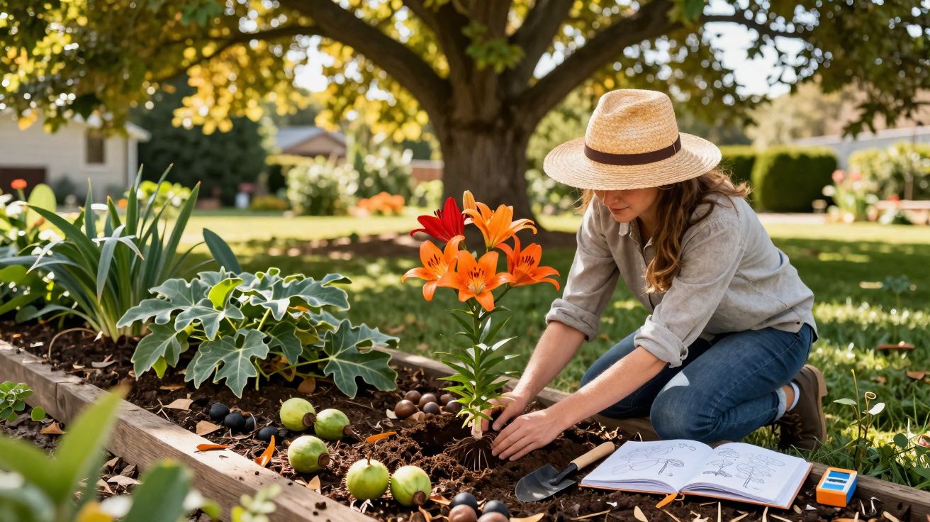 Mulher com chapéu plantando flor laranja em jardim ensolarado, ao lado livro aberto e ferramenta.