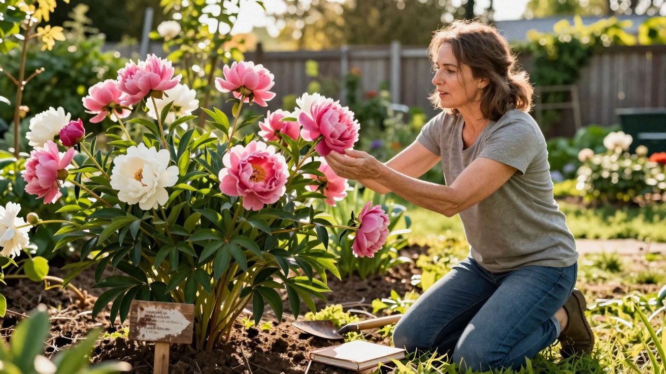Mulher ajoelhada cuidando de flores cor-de-rosa e branca em jardim ao ar livre ao entardecer.