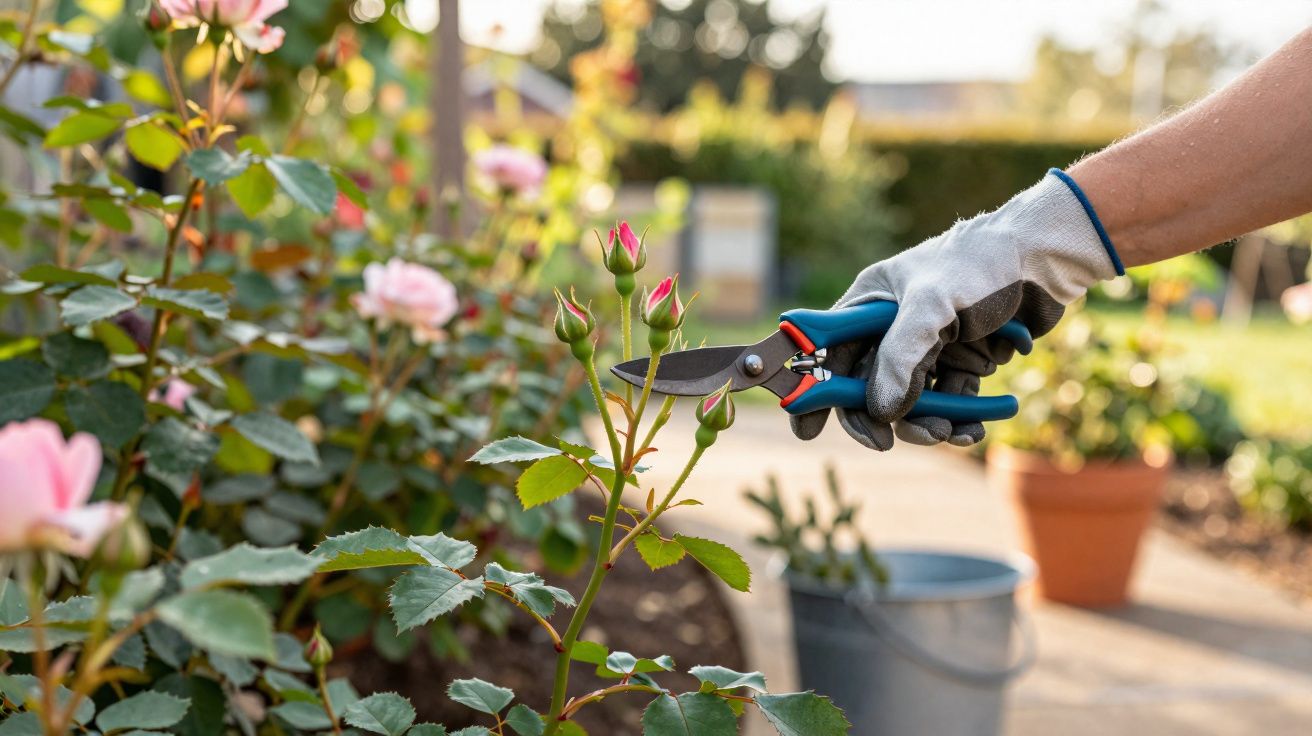 Mão com luva utilizando tesoura de poda para cortar botões de rosa em jardim ensolarado.