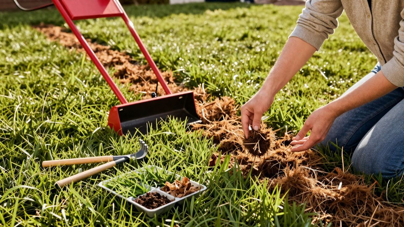 Pessoa plantando mudas em solo arado, com ferramentas de jardinagem e bandeja de sementes ao lado.