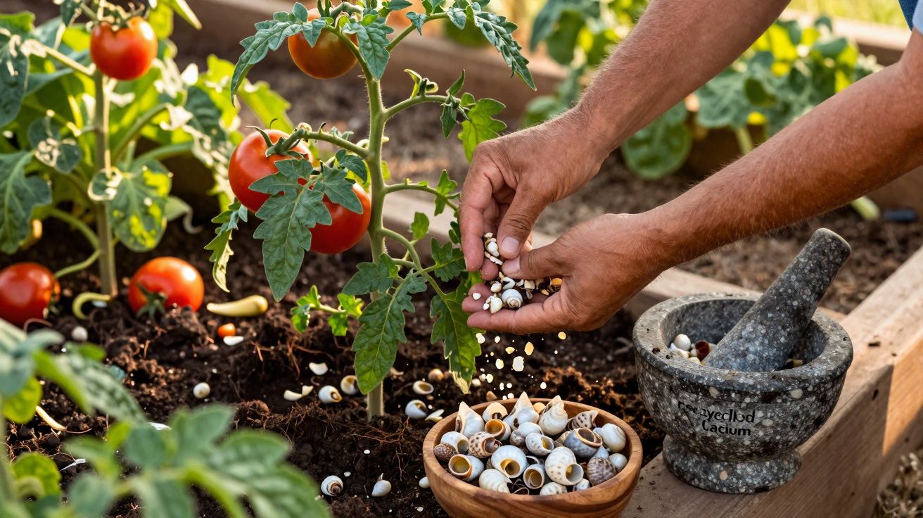 Mãos espalhando conchas em planta de tomate em canteiro de jardim com pilão ao lado.