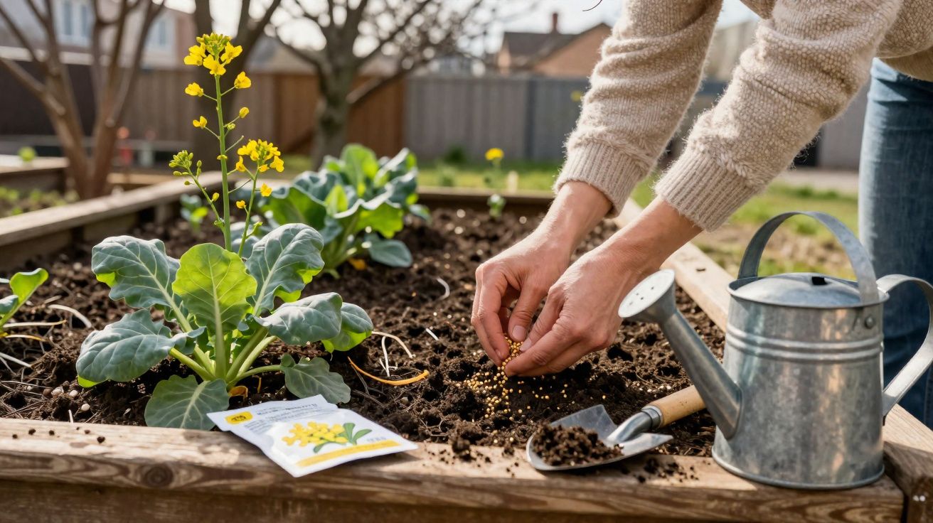 Pessoa plantando sementes em canteiro elevado, ao lado de regador e planta com flor amarela.