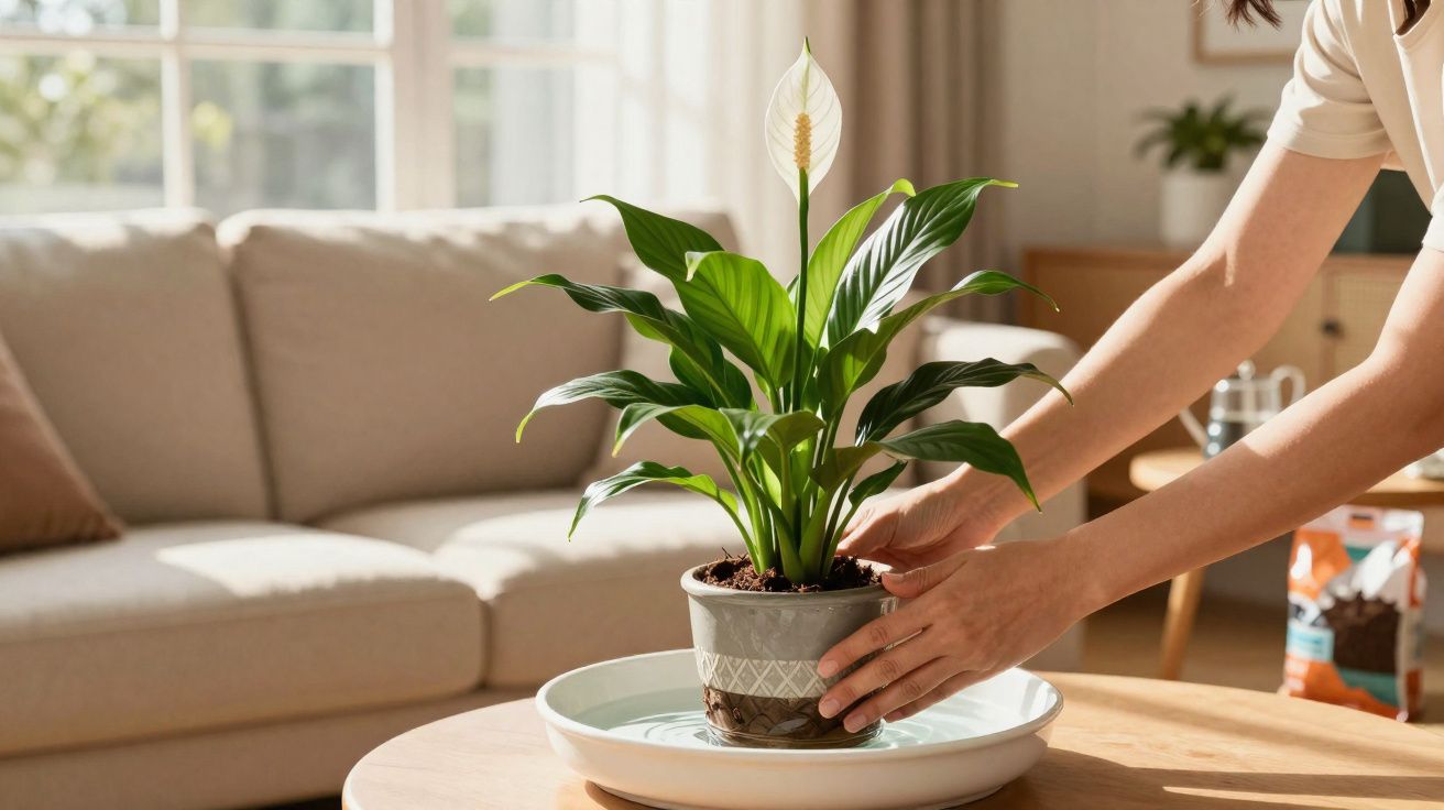 Pessoa colocando planta com folhas verdes em vaso cinza sobre bandeja branca em mesa de madeira na sala.