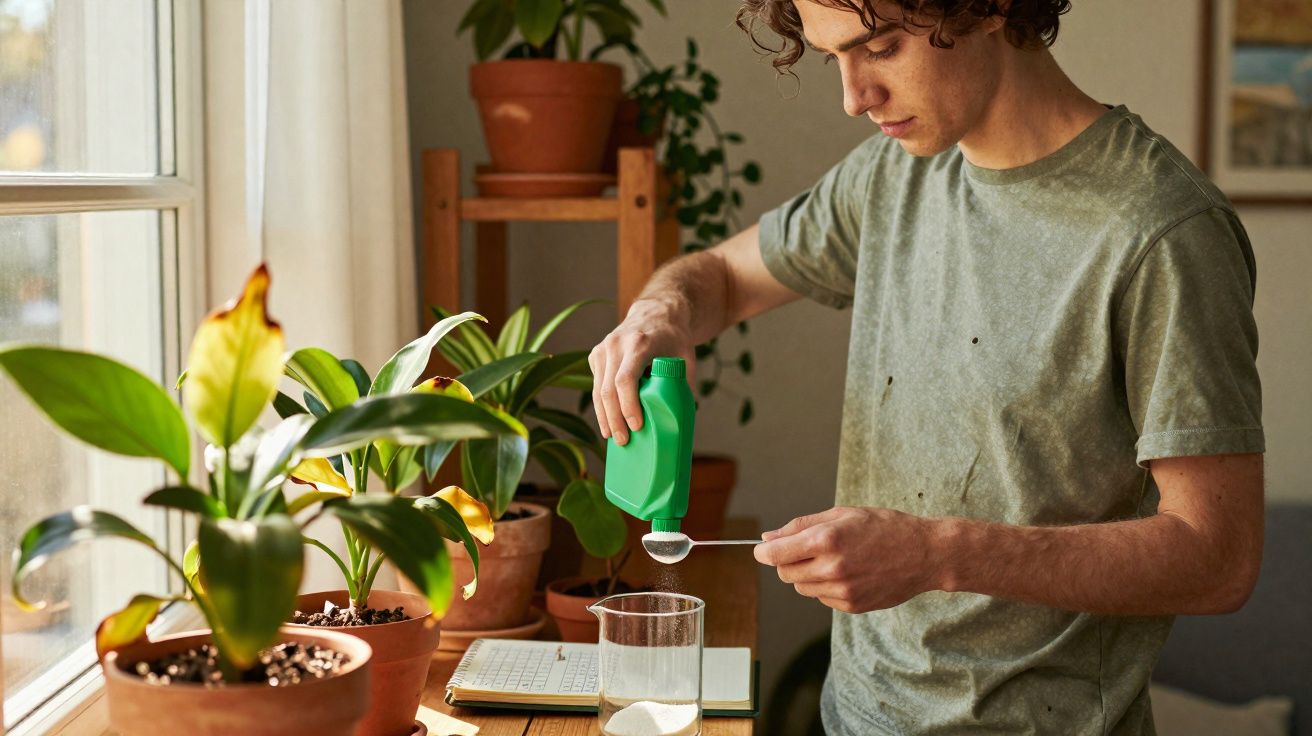 Jovem mede fertilizante em colher para cuidar de plantas em vaso ao lado de janela iluminada.