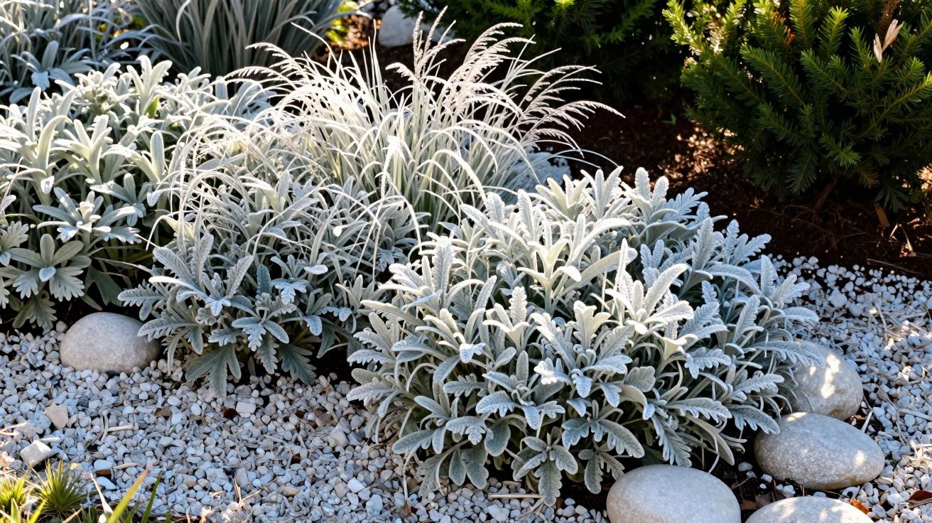 Plantas com folhas cinza esbranquiçadas cercadas por pedras decorativas em jardim ensolarado.