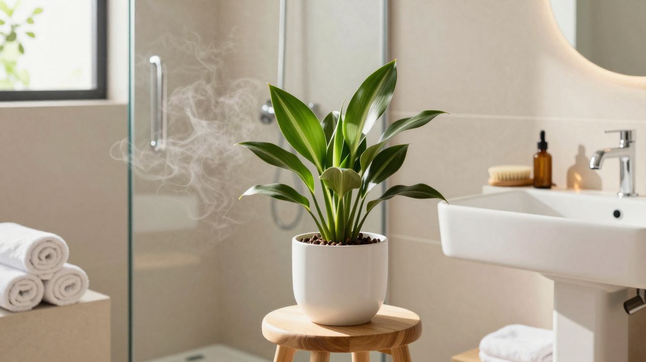 Planta em vaso branco sobre banco de madeira em banheiro claro com toalhas e pia visíveis.