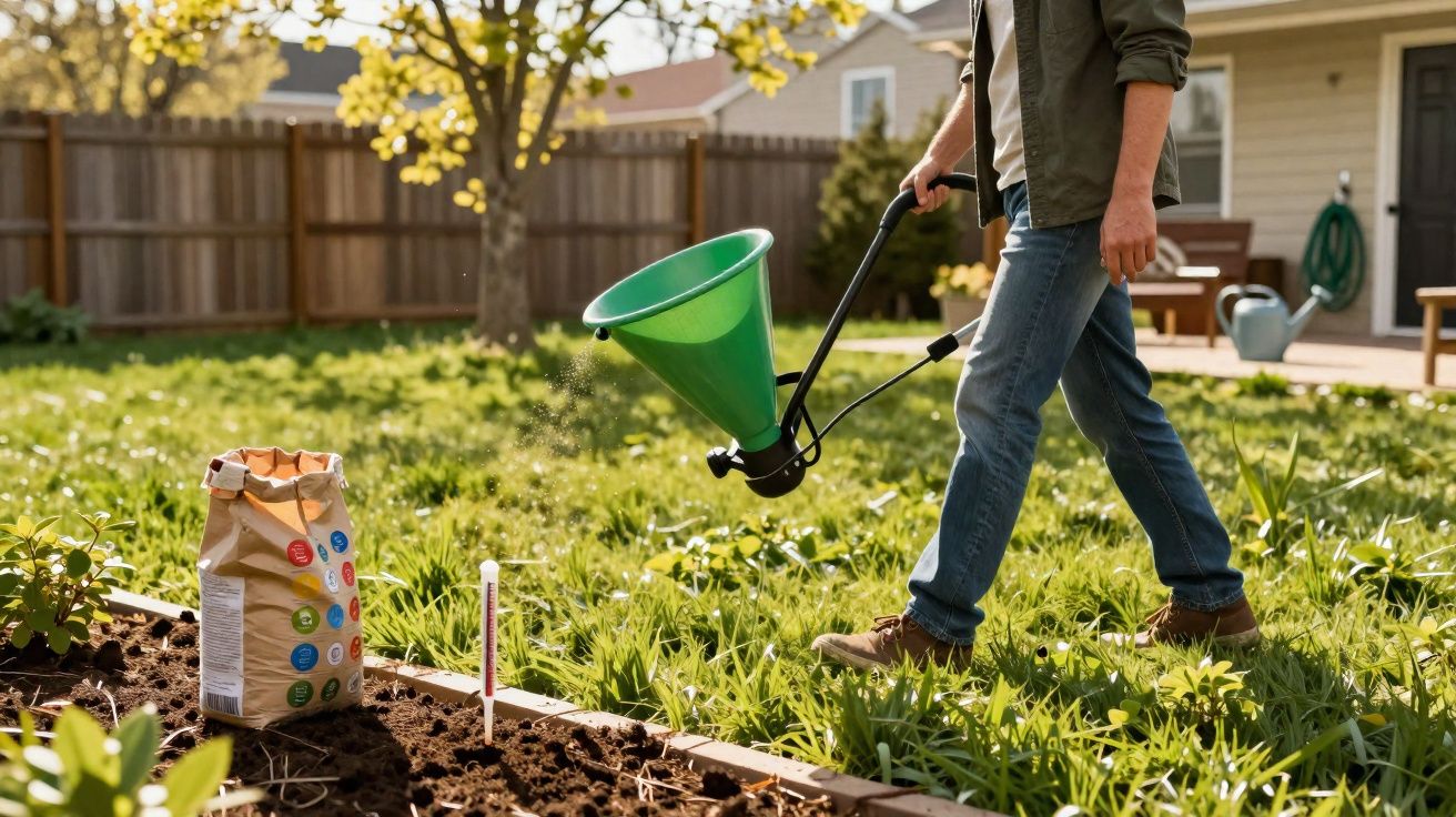Pessoa espalhando sementes em jardim usando semeadora manual verde em área residencial.