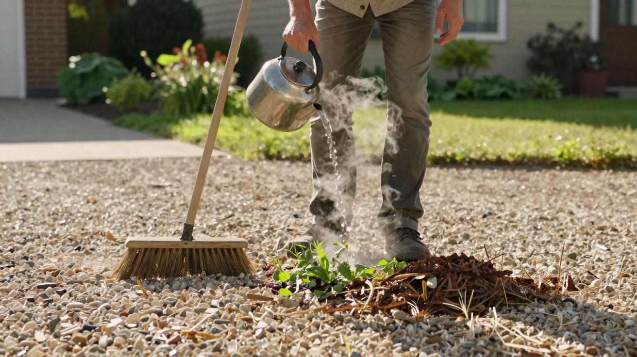 Pessoa regando plantas entre pedras com chaleira ao lado de vassoura, em jardim residencial.