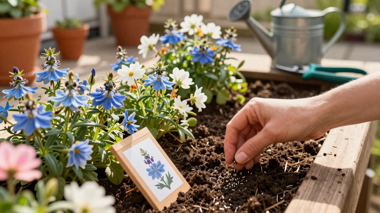 Mão plantando sementes em canteiro de flores azuis e brancas em jardim com regador ao fundo.