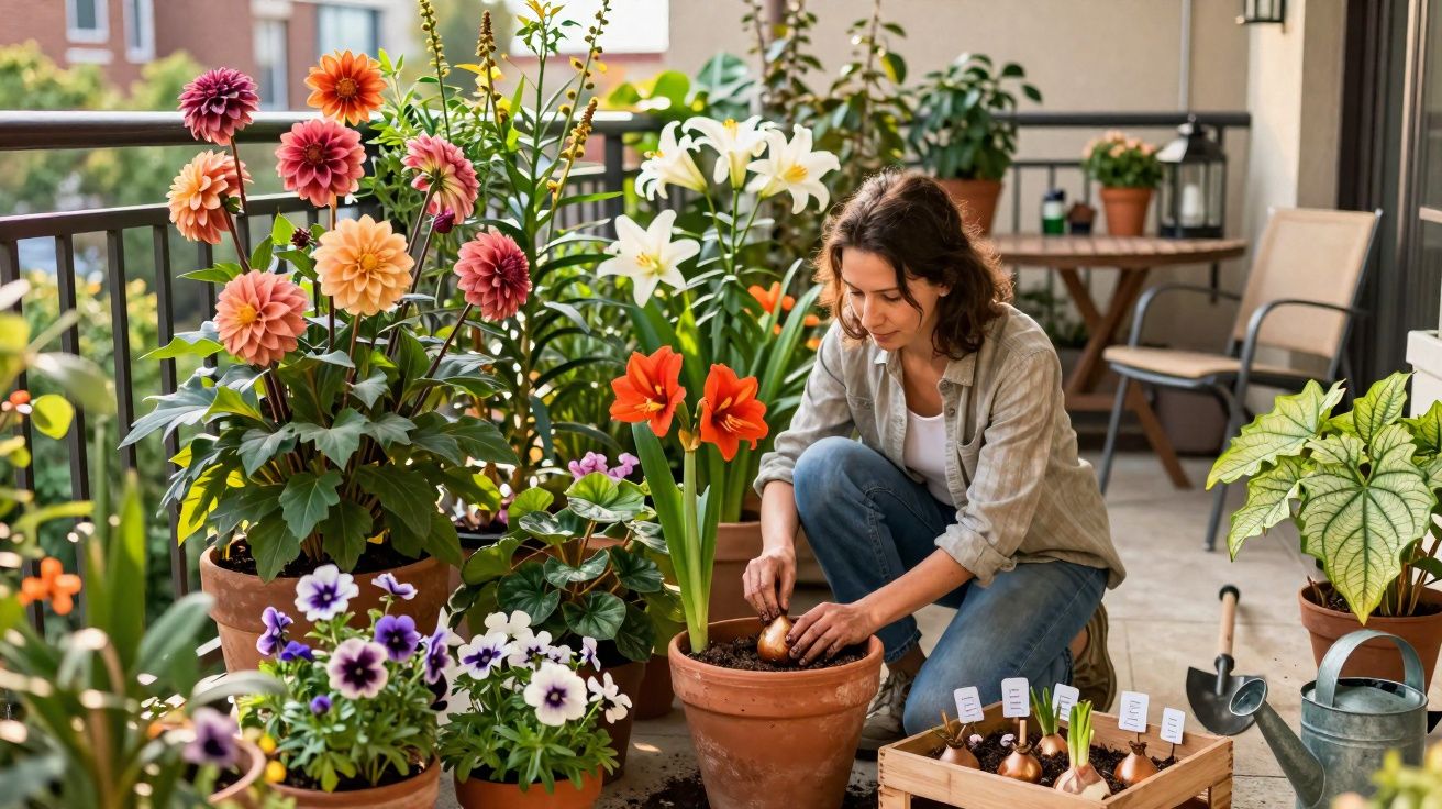 Mulher cuidando de plantas em vaso, jardineira em varanda com flores coloridas ao redor.