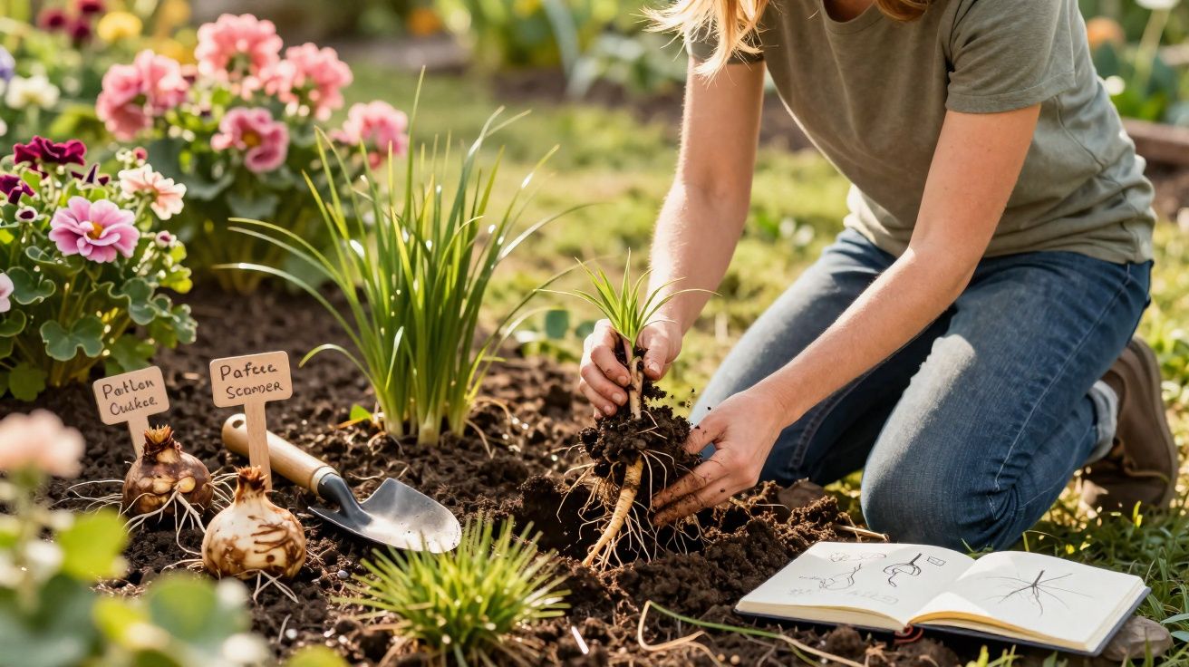 Pessoa plantando mudas em jardim com flores e livro aberto de botânica ao lado.