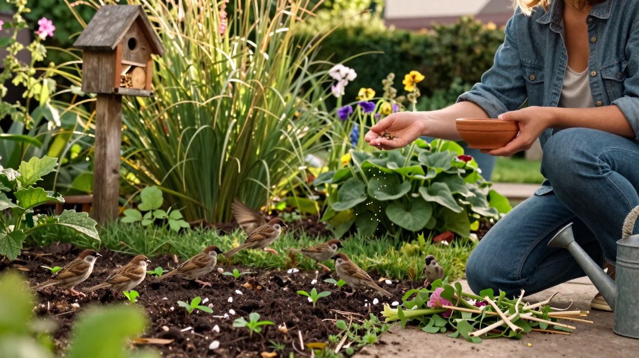 Pessoa alimentando pássaros em jardim com casas de passarinho e plantas coloridas ao fundo.