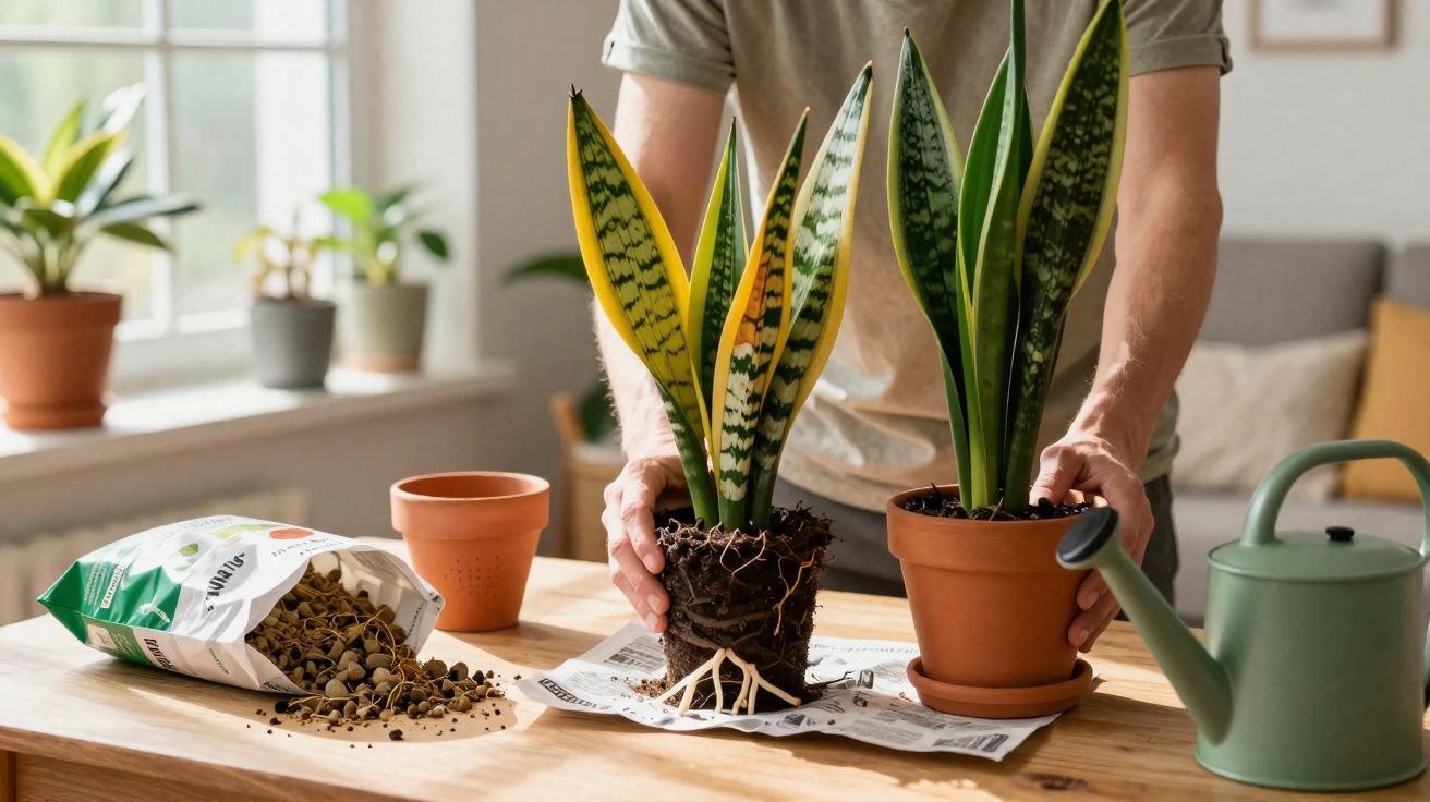 Pessoa transplantando plantas espada-de-são-jorge em vaso de barro sobre mesa de madeira com regador verde.