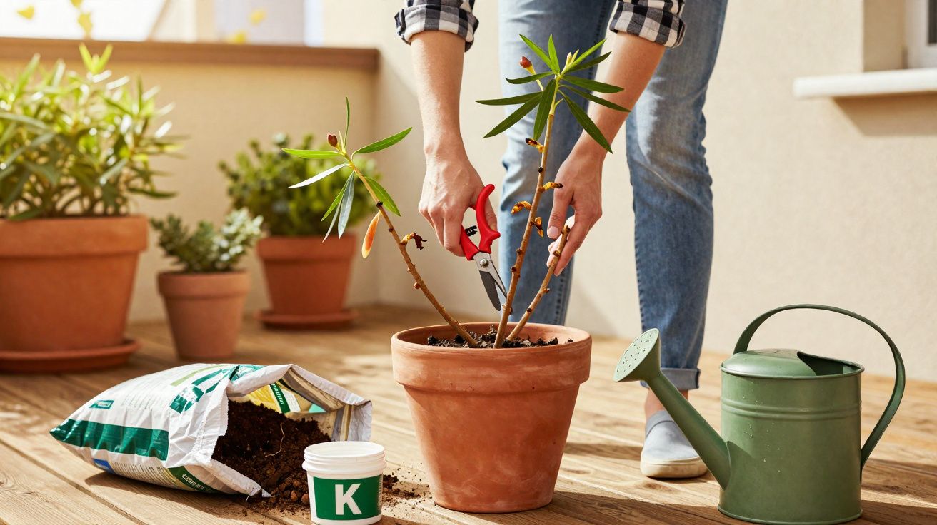 Pessoa podando planta em vaso de cerâmica com tesoura, ao lado de regador e terra em saco aberto.