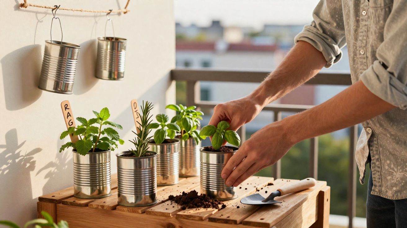 Pessoa cuidando de plantas em latas recicladas sobre mesa de madeira na varanda.