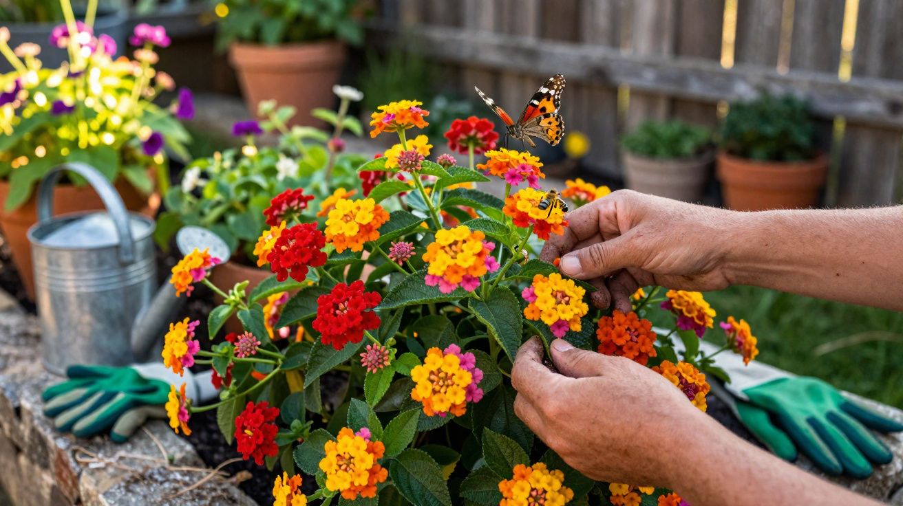 Mãos cuidando de flores coloridas em jardim, com borboleta pousada e vaso com luvas de jardinagem ao fundo.