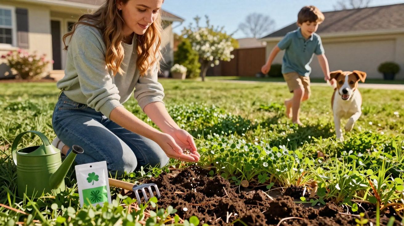 Mulher plantando sementes em jardim enquanto menino e cachorro correm ao fundo em quintal ensolarado.