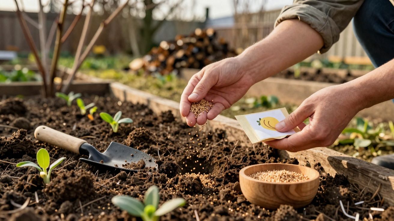Mãos semeando sementes em canteiro de terra ao ar livre, com pá de jardinagem ao lado.