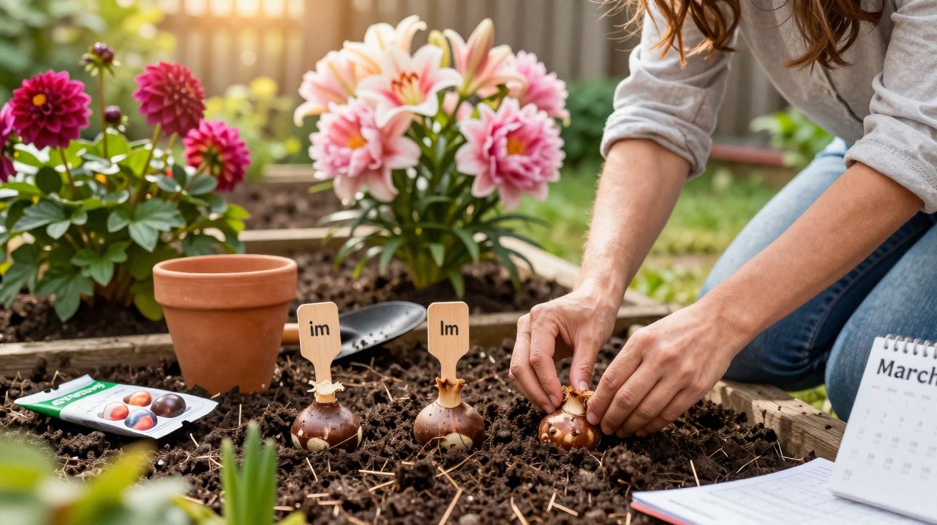 Pessoa plantando bulbos de flores em canteiro de terra com flores coloridas ao fundo e calendário aberto.