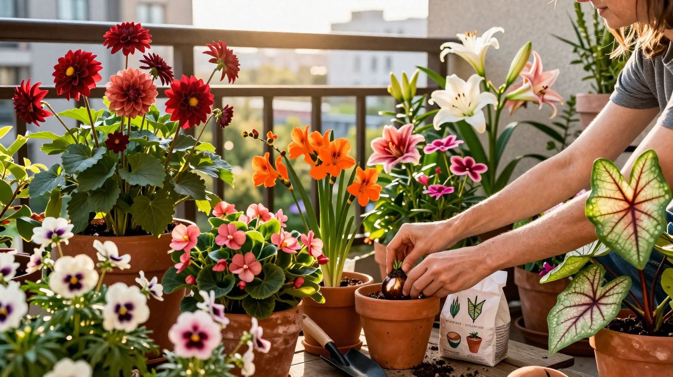 Pessoa plantando bulbo em vaso entre diversas flores coloridas em varanda ensolarada.