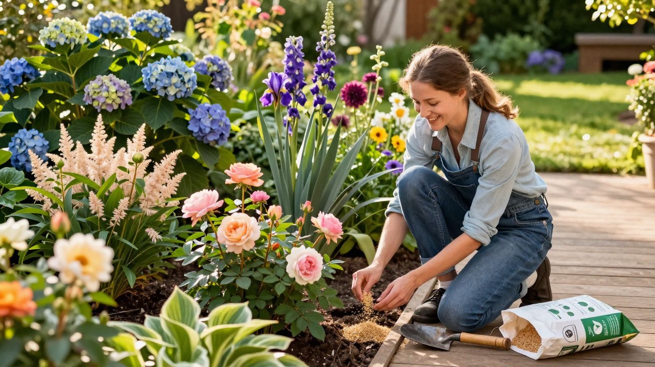 Mulher sorridente plantando flores coloridas em jardim ensolarado, com saco de adubo ao lado.