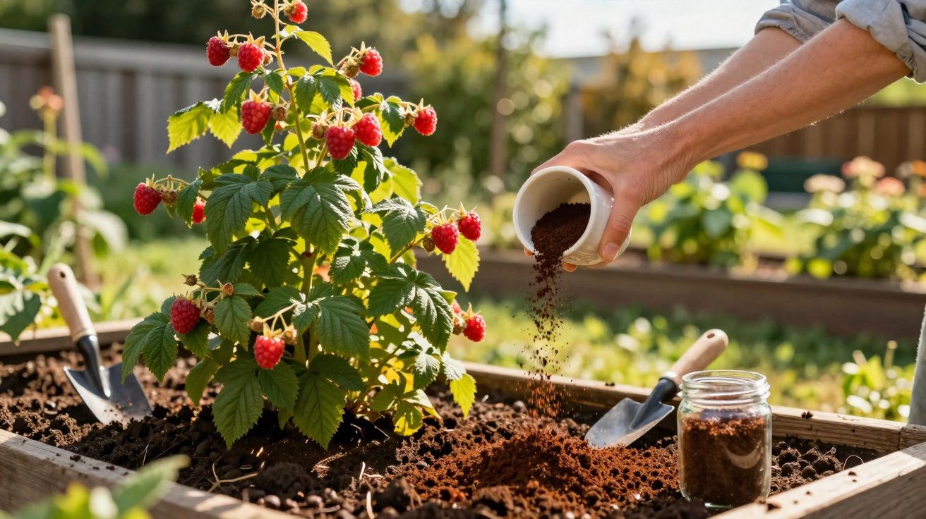 Mão feminina espalhando fertilizante próximo a planta de framboesas vermelhas em canteiro de jardim ensolarado.