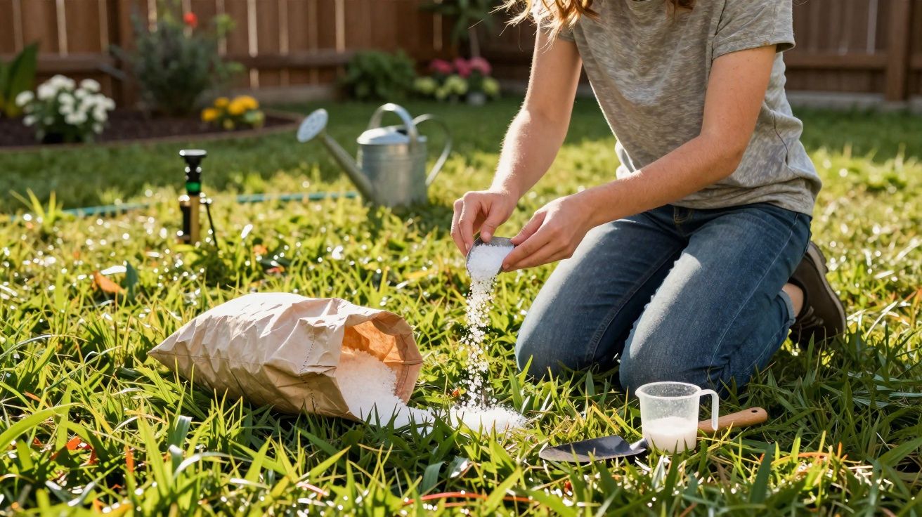 Pessoa sem rosto aplicando fertilizante granulado no jardim ensolarado, com regador e saca de fertilizante no gramado.