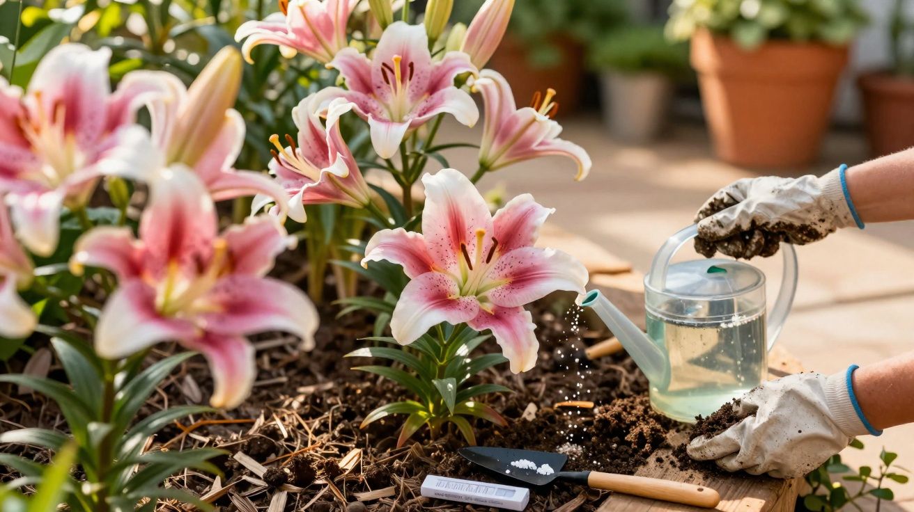 Pessoa regando flores rosas e brancas em jardim com luvas, regador e ferramentas de jardinagem.