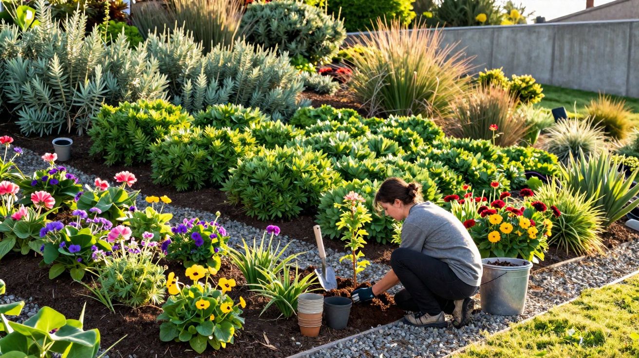 Mulher jardineira plantando flores em canteiro com várias plantas coloridas em área externa.