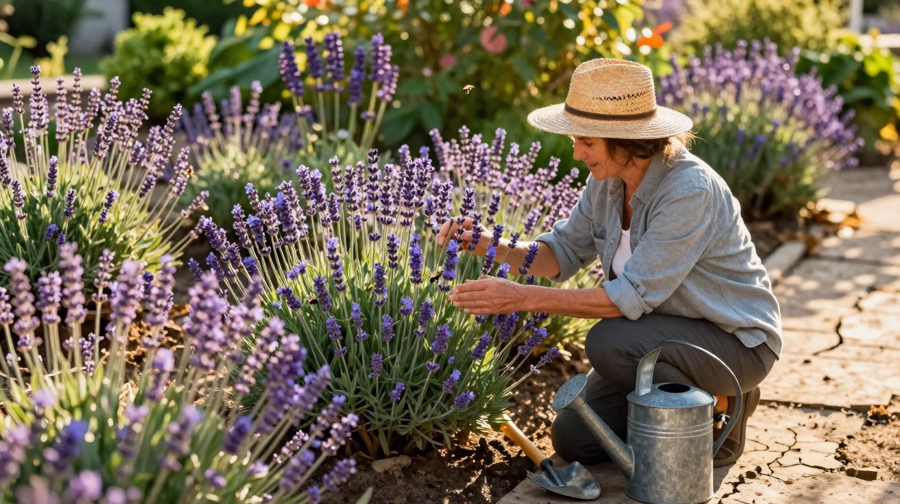 Mulher com chapéu rega plantação de lavanda roxa em jardim ensolarado durante o dia.
