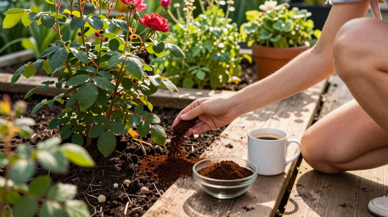 Pessoa colocando borra de café no solo de jardim perto de rosa vermelha, com xícara de café ao lado.