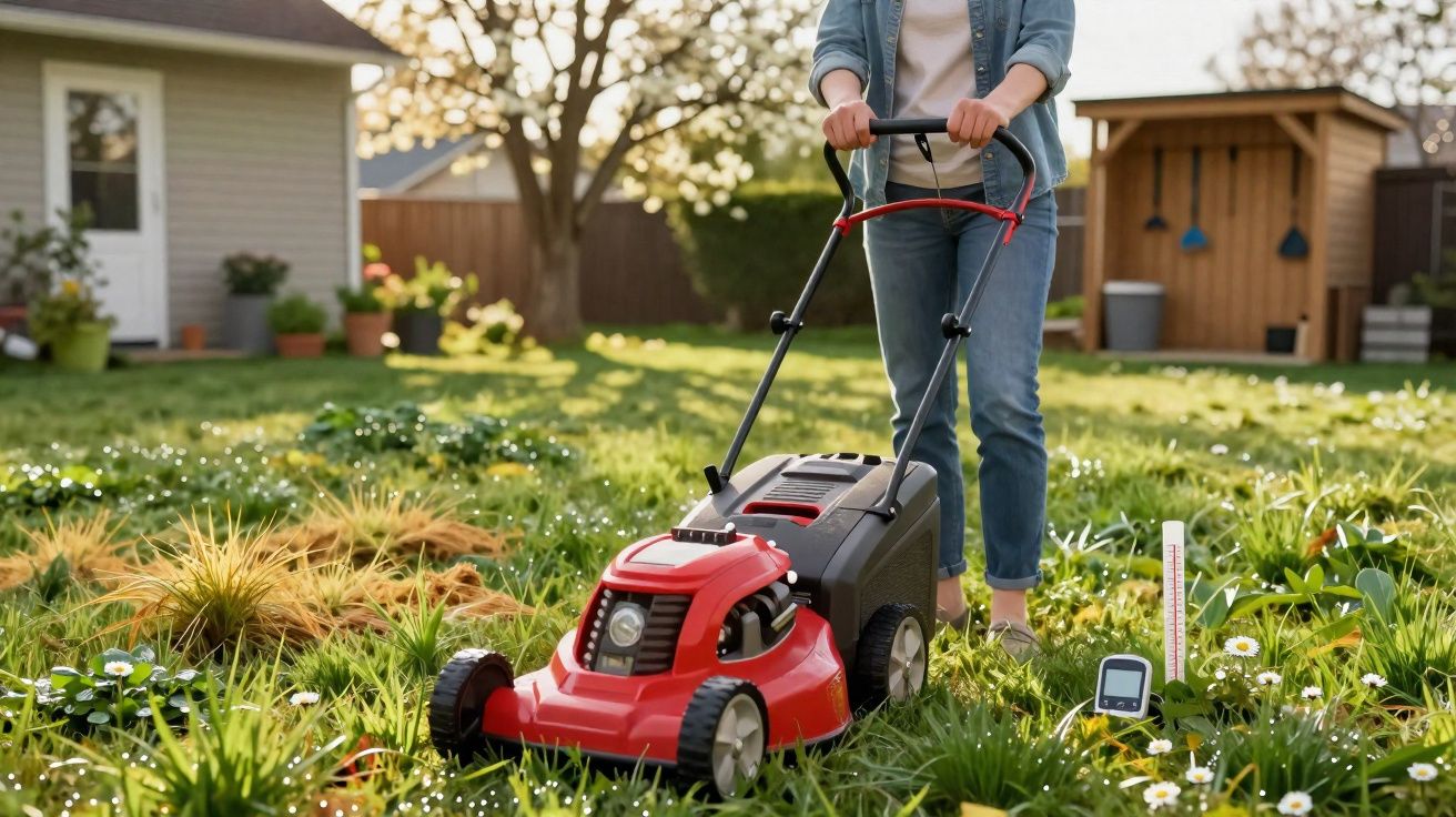 Pessoa cortando grama com cortador vermelho em jardim ensolarado com flores e árvores ao fundo.