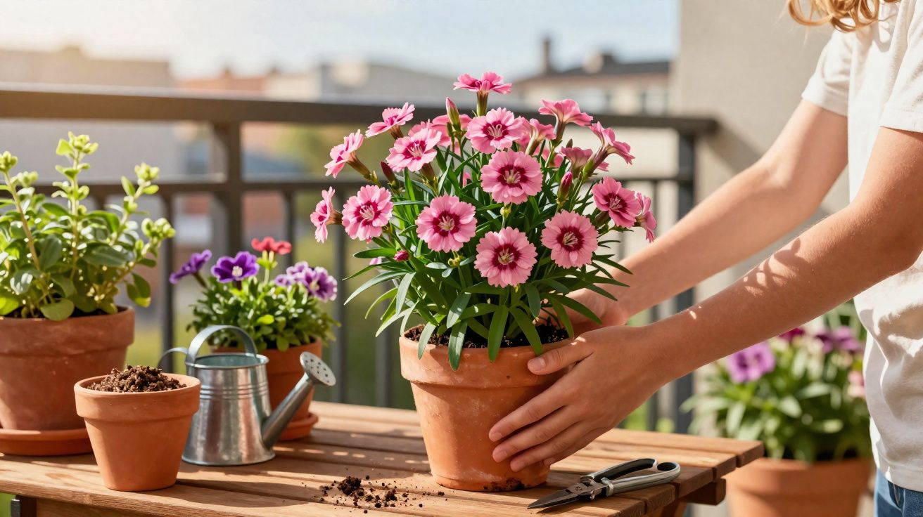 Mãos segurando vaso com flores rosas em mesa de madeira em varanda ensolarada com outras plantas.