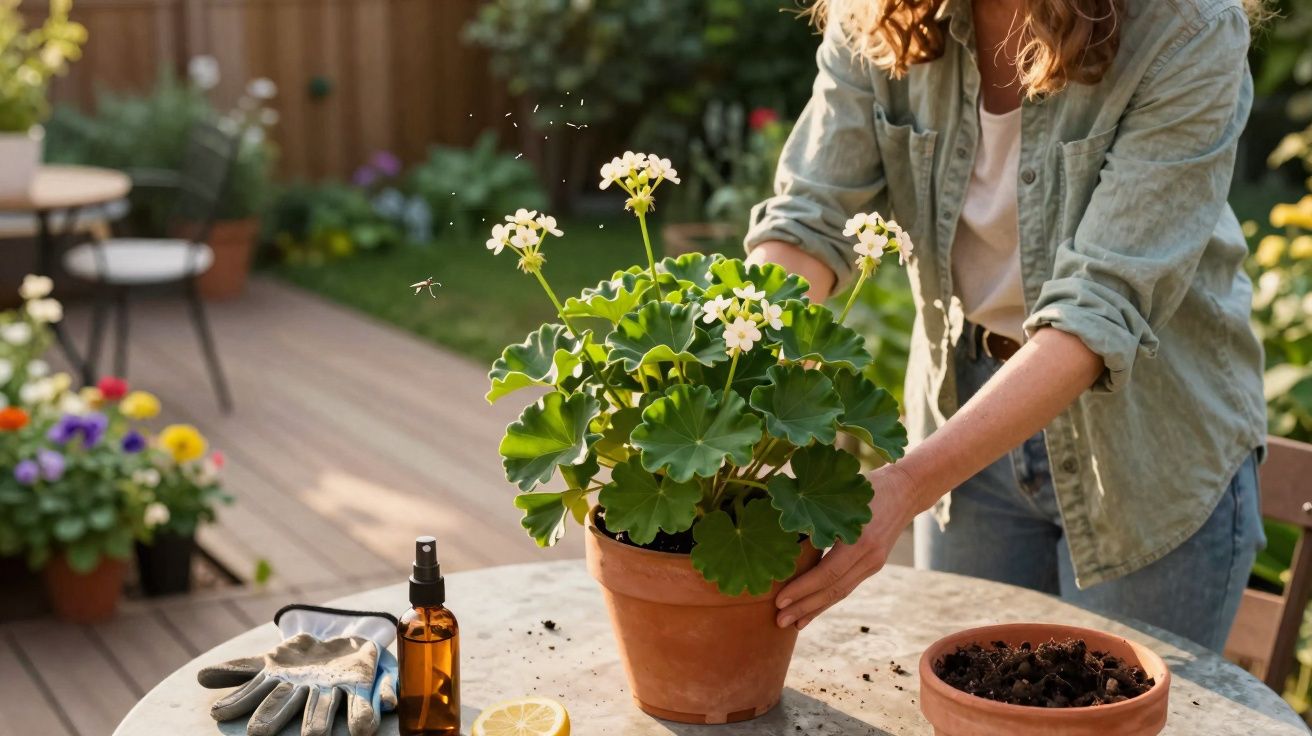 Pessoa cuidando de planta em vaso com flores brancas em mesa externa com ferramentas de jardinagem.