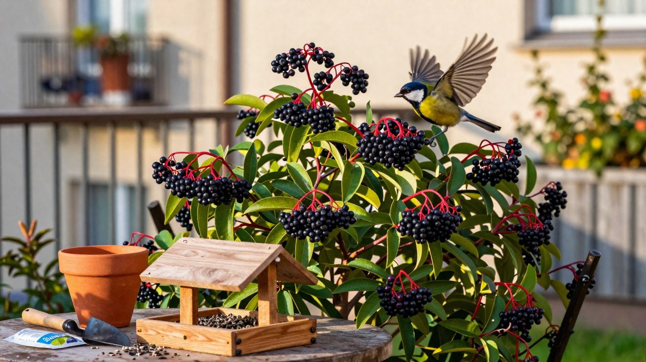 Pássaro de asas abertas próximo a planta com frutos pretos e mesa com comedouro e ferramentas de jardim.