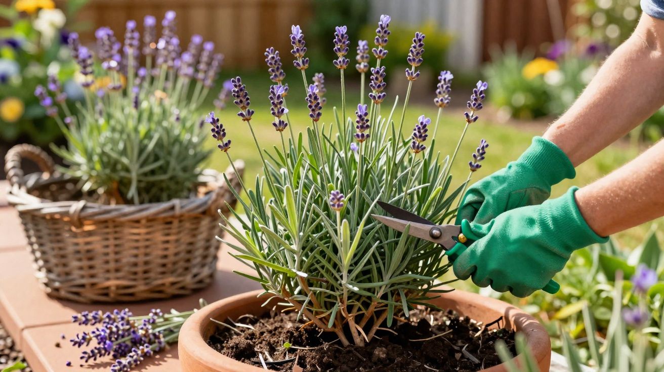 Pessoa podando planta de lavanda em vaso com tesoura de jardinagem usando luvas verdes.